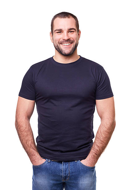 sorridente homem de camisa de t em preto - medial object imagens e fotografias de stock