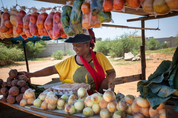 smiling self employed african woman at her street stall stock photo