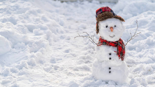 Smiling snowman in front of the house on winter day stock photo