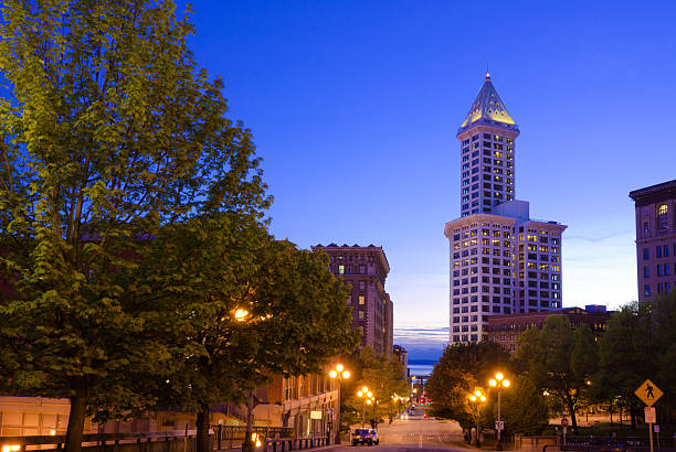 Smith Tower at Pioneer Square in downtown Seattle at dusk stock photo