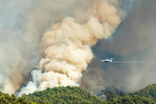 Smoke from a forest fire rising over Hisaronu neighbourhood of Marmaris resort town of Turkey on July 31, 2021 stock photo