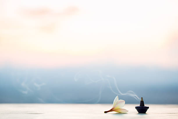 Smoke incense cones with plumeria flower on sunset  buddhism stock pictures, royalty-free photos & images