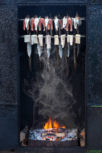 Smoke oven with smoked fish stock photo