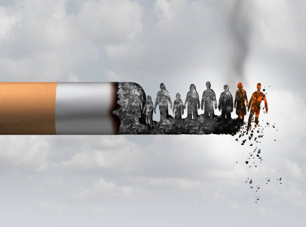 Smoking And Society Smoking and society smoker death and smoke health danger concept as a cigarette burning with people falling as victims in hot burning ash as a metaphor causing lung cancer risks with 3D illustration elements. cigarette stock pictures, royalty-free photos & images