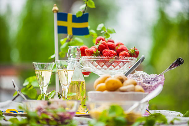smörgåsbord with pickled herring and snaps - svenska pengar bildbanksfoton och bilder