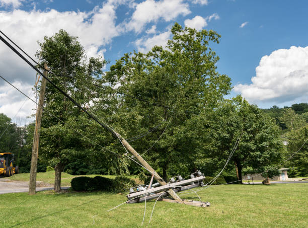 Snapped and downed power post and line after storm Broken snapped wooden power line post with electrical components on the ground after a storm telephone pole photos stock pictures, royalty-free photos & images