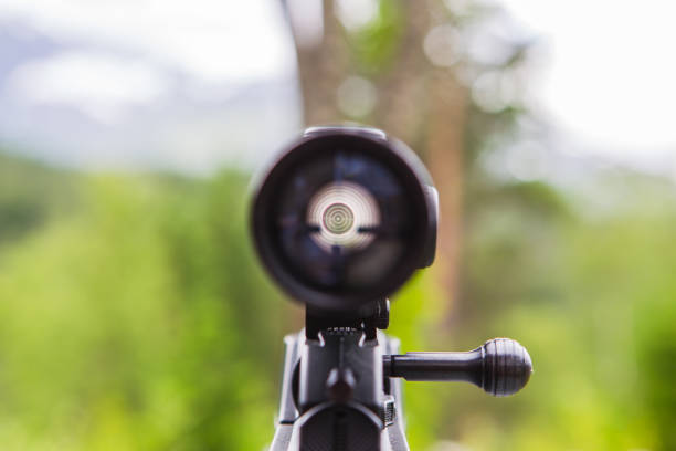 Sniper gun scope view. stock photo