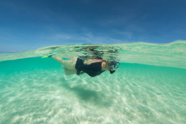 Snorkeling in the Caribbean View of a woman snorkeling at Point of Sand in Little Cayman Island, Cayman Islands woman snorkeling stock pictures, royalty-free photos & images