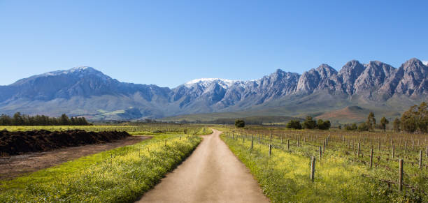 Snow capped mountains panoramic view in South Africa stock photo