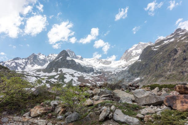 Snow caps are melting in the Italian Alps at refugio Elisabeta stock photo