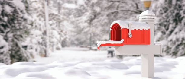 Snow covered mailbox, blur snowed country background. Empty retro red postbox open. 3d illustration stock photo