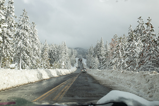 A snow covered road. Lake Tahoe, California. During chain control