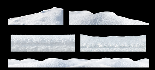 Snow drifts on an isolated black background. Winter elements for design.