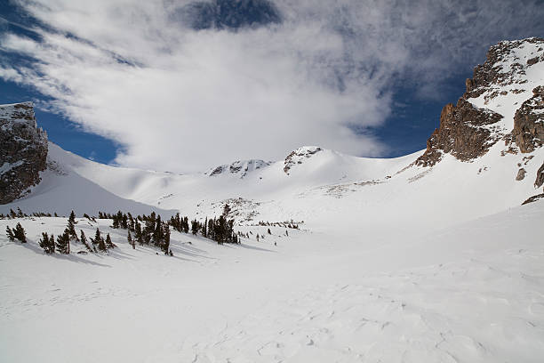 Snowfield in avalanche canyon stock photo