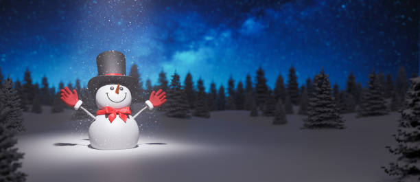 Snowman with outstretched arms enjoying in the snow. Winter Holidays background with beautiful snowy forest 3d render stock photo