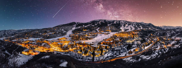 Snowmass Colorado skyline with ski slopes and milky way stock photo