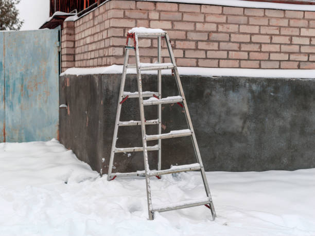 snowy backyard and ladder stock photo