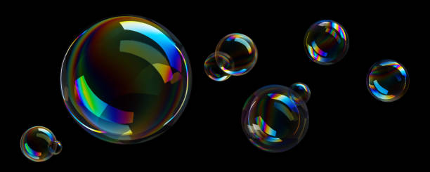 Soap Bubbles on black background Group of colorful soap bubbles flying on black background bubble wand stock pictures, royalty-free photos & images