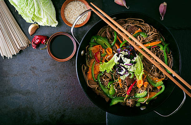 Soba noodles with beef, carrots, onions and sweet peppers Soba noodles with beef, carrots, onions and sweet peppers. Top view asian food stock pictures, royalty-free photos & images
