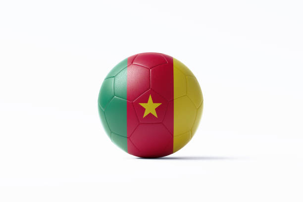 soccer ball textured with cameroon flag sitting on white background - world cup 2022 個照片及圖片檔