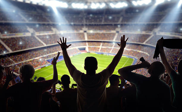 soccer fans at stadium - soccer stockfoto's en -beelden