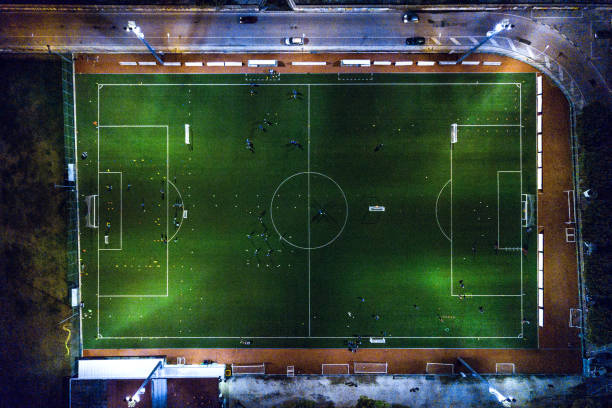 soccer field at night - aerial view - soccer night imagens e fotografias de stock
