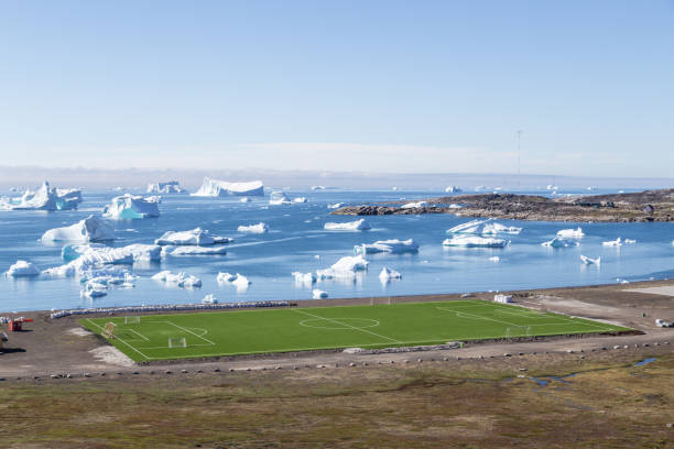 Soccer Field in Qeqertarsuaq, Greenland stock photo