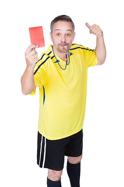 soccer referee showing red card - gele kaart stockfoto's en -beelden