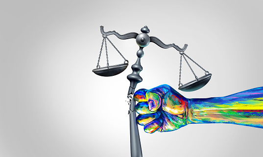 Social change law and society justice concept as a fist representing diversity and a diverse community fighting for changing legislation as a law scale for global equality with 3D illustration elements.