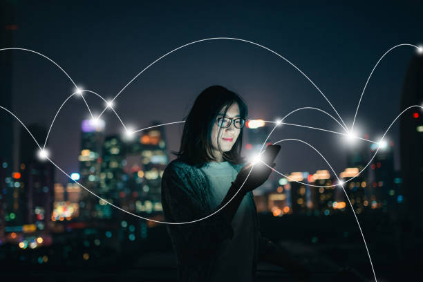 Social Connecting in smart city at Night  smart city stock pictures, royalty-free photos & images