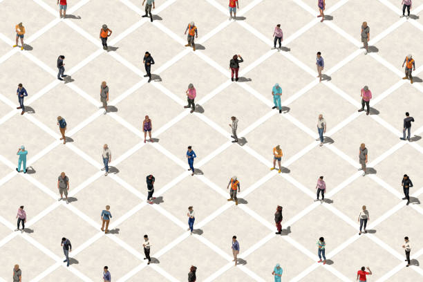 Social distancing concept with many people - Aerial view Social distancing concept with many people - Aerial view. Low poly 3D people rendering with a grid of white lines to keep social distancing. feet unit of measurement stock pictures, royalty-free photos & images