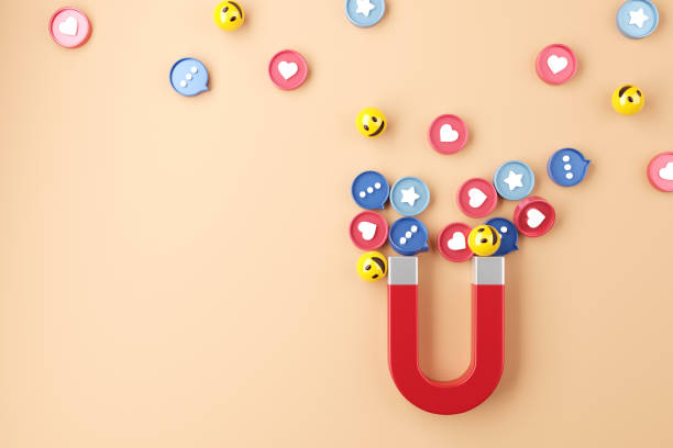social media marketing concept. attracting (emoji, like, love, star, comment icon) with a huge magnet. - orkut imagens e fotografias de stock