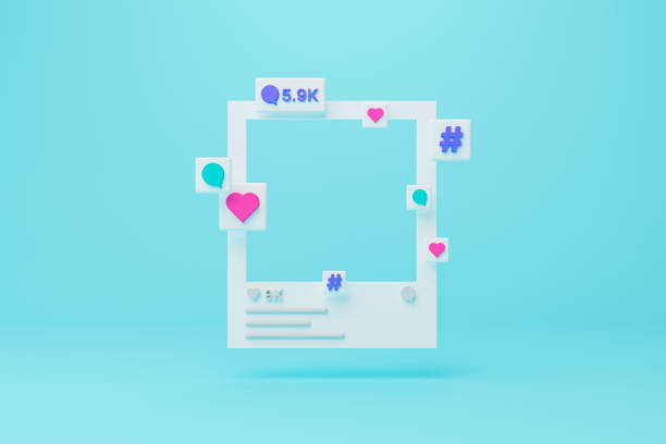 Social media photo frame with heart, comment and hashtag icon on blue background. 3d render illustration. stock photo