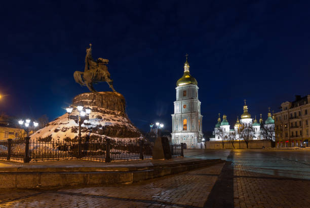 Sofiyivska square and monument to Bogdan Khmelnytsky at night, Kyiv, Ukraine. stock photo
