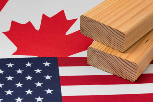 Softwood construction lumber on flag of Canada and United States of America. Trade war, tariffs, fair trade and lumber, logging industry concept background, no people, copy space lumber stock pictures, royalty-free photos & images
