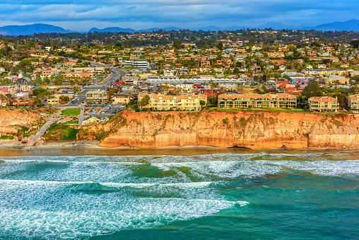 Aerial view of the town of Solana Beach, California located just north of the city of San Diego along the Pacific Ocean.