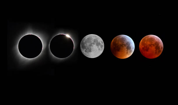 Solar and Lunar Eclipse montage A montage of moon images during a total solar eclipse and a lunar eclipse blood moon stock pictures, royalty-free photos & images