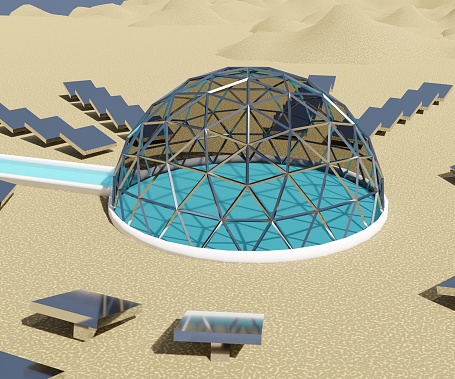solar dome desalination is a future of carbon-neutral seawater desalination in the desert	3d rendering