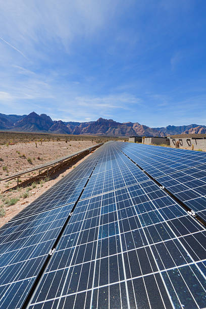 Solar panels in the Mojave Desert. stock photo