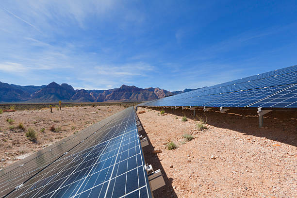 Solar panels in the Mojave Desert. stock photo