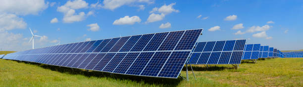 Solar Panels, Photovoltaic array at the Inner Mongolia of China. stock photo