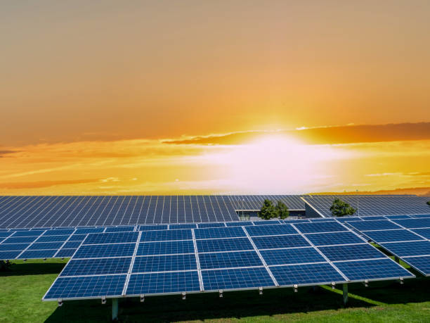 parc solaire écologie panneau solaire sunrise - transition énergétique photos et images de collection
