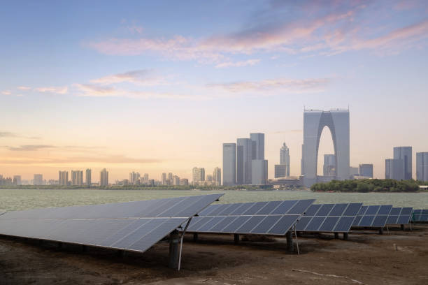 Solar photovoltaic plants provide power for the city stock photo