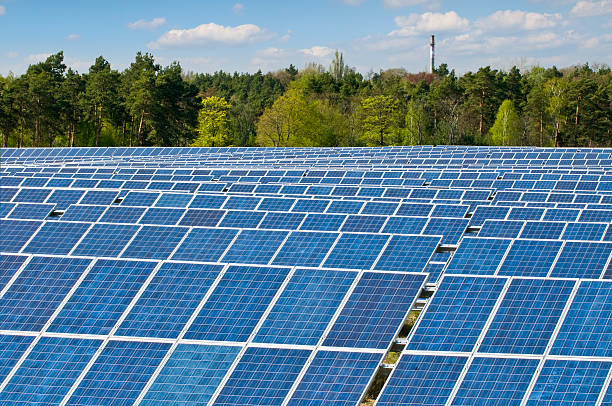 Solar power field, many photovoltaic modules stock photo