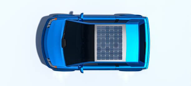 Solar Powered Blue City Car Isolated Against White, Direct Overhead View, Showing Details Of Solar Panels stock photo