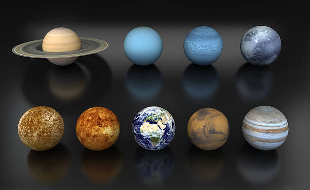 Solar system "Nine planets of our solar system isolated on black. From top left to bottom right: Saturn, Uranus, Neptune, Pluto, Mercury, Venus, Earth, Mars and Jupiter...Opacity and bump textures for the earth and other planets map prepared via tracing images from www.nasa.gov.Earth texture: http://veimages.gsfc.nasa.gov/2431/land_ocean_ice_cloud_2048.jpgSimilar images:" pluto dwarf planet stock pictures, royalty-free photos & images