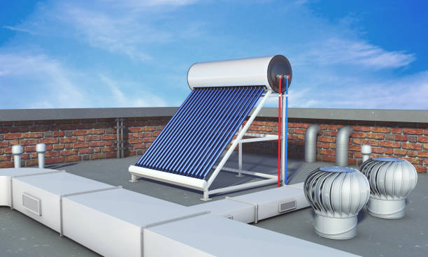 Solar water heater on roof, alternative energy. 3d rendering stock photo