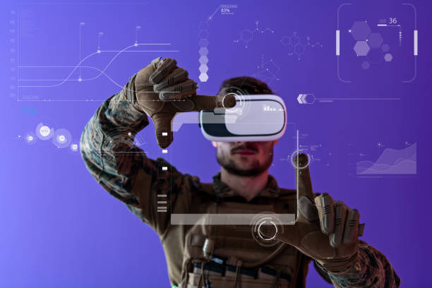soldier using  virtual reality headset purple background modern warfare futuristic soldier using virtual reality glasses on purple background  as concept of artificial intelligence on Hud screen display special forces stock pictures, royalty-free photos & images