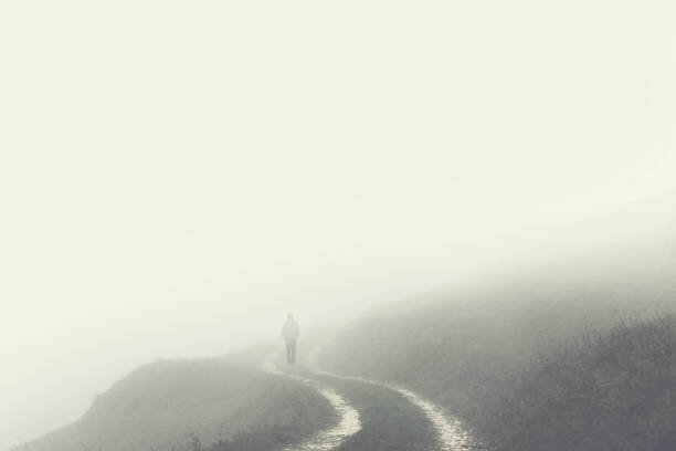 solitary man vanishing in the fog stock photo