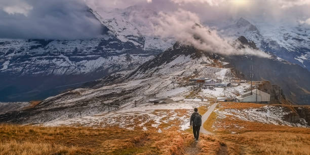 solo traveler asian chinese man travelling rear view facing Jungfrau snow mountain, Switzerland in autumn asian chinese man travelling rear view facing Jungfrau snow mountain, Switzerland in autumn odyssey stock pictures, royalty-free photos & images